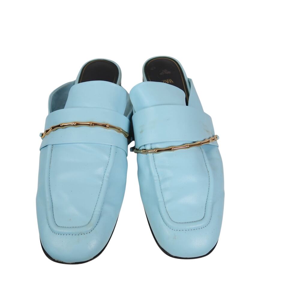 Zara Light Blue Leather Slip-On Loafer Mules Flats Size 39 - Picture 2 of 8